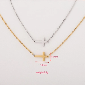 Polished stainless steel horizontal cross necklace in gold and silver with dimensions
