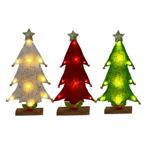 Mini LED Christmas trees set with felt bodies, glitter stars and wooden bases