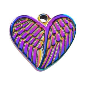 Macro detail of heart wing pendant with rainbow metallic luster and wing texture