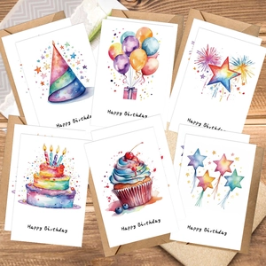 Set of 6 watercolor birthday cards with hand-painted patterns and kraft envelopes