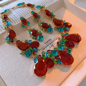 Vintage Water Drop Statement Necklace And Earrings Alloy Rhinestone Bohemian Palace Style Multi-color Colorful Jewelry