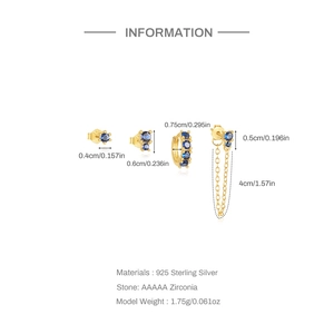 Detailed view of S925 sterling silver gold earrings set with blue marquise zircons and sizes