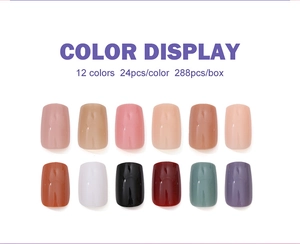 Detail showing 12 solid colors of glossy press-on nails in a 288-piece bulk set display