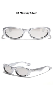 Detail view of silver oval Y2K sunglasses with matte finish and metallic side accents