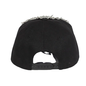 Back view of black hip hop baseball cap with silver metal studs and snapback closure