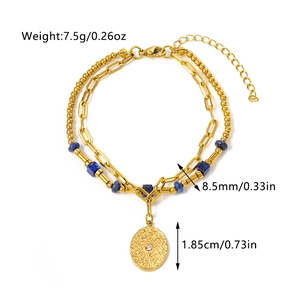 Detail view of double-layered gold lapis bracelet with weight and size specifications
