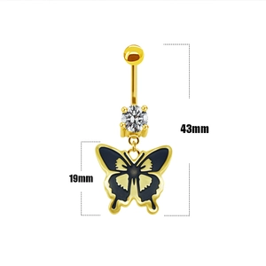 Detail showing a 43mm long golden butterfly belly ring with black enamel and zircons
