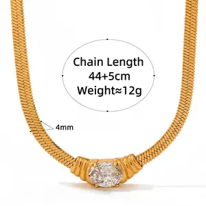 Gold-plated snake chain necklace with oval glass stone pendant for women, 44+5cm length