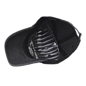 Detail of washed cotton baseball cap interior featuring sweatband and metal buckle