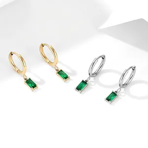 Rectangular Zircon Pendant Hoop Earrings Stainless Steel Gold Plated Minimalist Retro Style Jewelry For Women