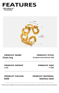Détail de la bague chaîne dorée en acier inoxydable avec anneau ouvert de 1,7 cm