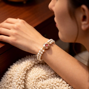 Detail of vintage double-strand pearl bracelet with ruby gemstone and gold plating