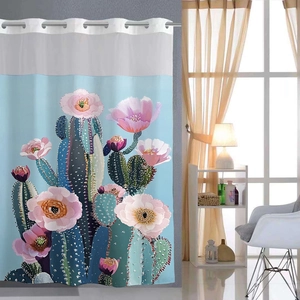 Detail of double-layer cactus shower curtain with metal grommets and hand-painted floral design