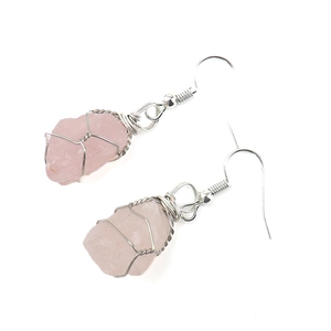 Detailed view of handmade silver wire wrapped natural raw pink crystal drop earrings