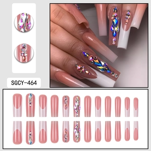 White French tip press-on nails with luxury rhinestones and pink base, 24pcs long coffin shape