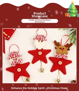 Detail of Christmas felt star ornaments with snowman and Santa figures and gold bells