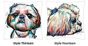 Detail view of colorful dog illustrations on premium digital print pillow covers