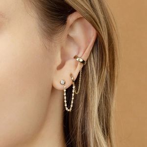 Golden S925 silver needle chain earring with tassel cuff and sparkling diamond stud