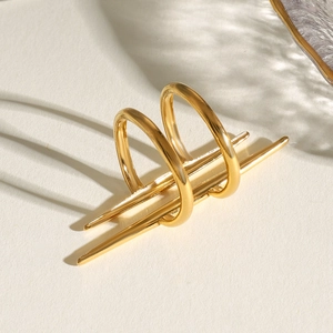Minimalist double layer golden stainless steel ring with geometric taper bar design