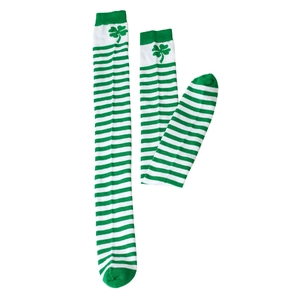Close-up of Saint Patrick's Day knee-high socks with green clover and striped knit texture