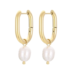 Elegant gold titanium steel U-shaped earrings with white pearl pendants in minimalist style