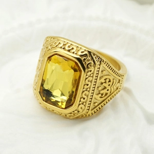 Vintage Viking rune ring for men in gold with a rectangular yellow gemstone inlay