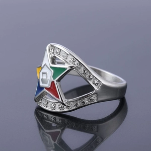 Silver stainless steel Order of the Eastern Star ring with colorful enamel inlay stars