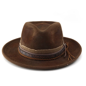 Vintage dark brown felt fedora hat with ethnic patterned band and side tassel detail