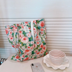 French Oil Painting Floral Cotton Canvas Tote Bag Vintage Rose Aesthetic Large Capacity Shoulder Handbag For Women
