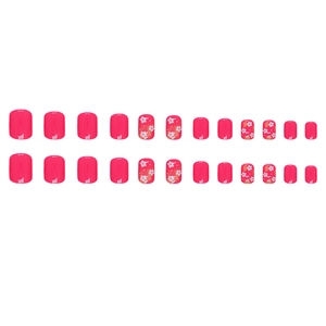 Short square vibrant rose pink press-on nails with white cherry blossom floral designs