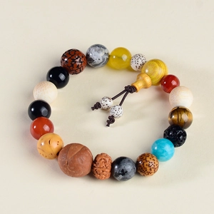 Detailed view of Buddhist 18-seed prayer beads bracelet with mixed natural stones