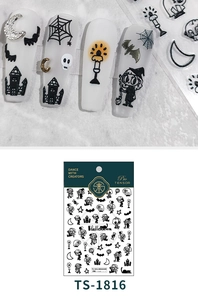 Detailed Halloween nail stickers featuring bats, ghosts, and spider webs on long false nails