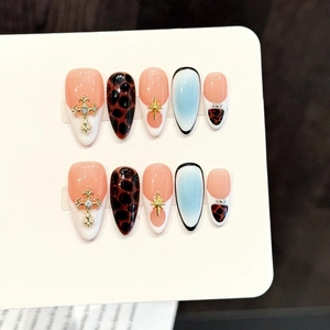 Handmade Press On Nails Pink Leopard Star Cross Charms Long Almond Blue Gradient French Tips Manicure Women