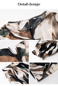 Detail design showing abstract leaf print fabric with button closure and elastic cuffs