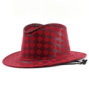 Red plaid cowboy hat with side air vents and adjustable chin strap on white background