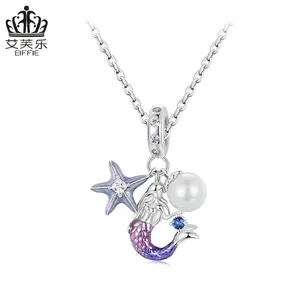 S925 silver ocean mermaid necklace with purple enamel, white pearl and blue starfish