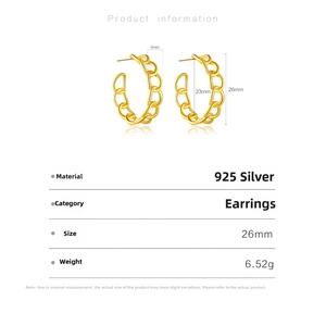 Detailed size chart showing 26mm gold S925 sterling silver chain link hoop earrings
