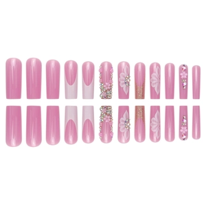 Pink press-on nails with 3D flowers and rhinestones in long ballet coffin shape