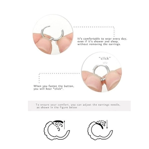 Guide for minimalist hoop earrings showing buckle adjustment and comfortable wearing instructions