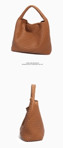 Detailed views of brown woven leather hobo bag with seamless handle and retro texture
