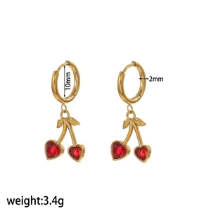 Cute cherry pendant earrings in 18K gold plated stainless steel with red heart crystals