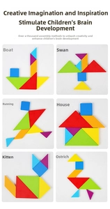 Close-up of wooden tangram puzzles showing different colorful geometric 3D shapes for kids