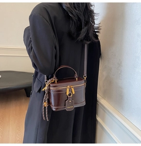 Detailed view of the dark brown leather box bag with gold metal hardware and strap