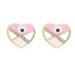 18K gold-plated heart evil eye stud earrings with pink enamel and sparkling zircon