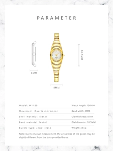 Detailed technical specification chart for M1188 gold quartz watch showing dimensions