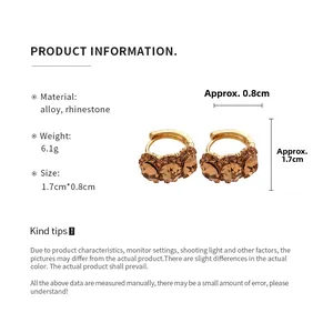 Detail view showing dimensions and materials of gold geometric earrings with rhinestones