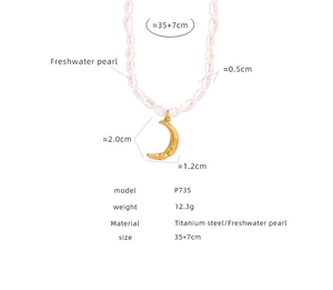 Macro view of freshwater pearl necklace with crescent moon pendant and size details