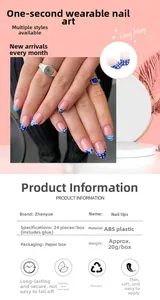 Detailed view of blue and white wave pattern press-on nails with product size table