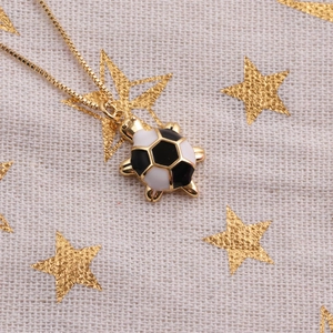 Golden necklace with black and white turtle pendant on star pattern beige fabric
