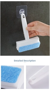 Detail of blue scouring pad brush head and hanging hole on long handle glass wiper